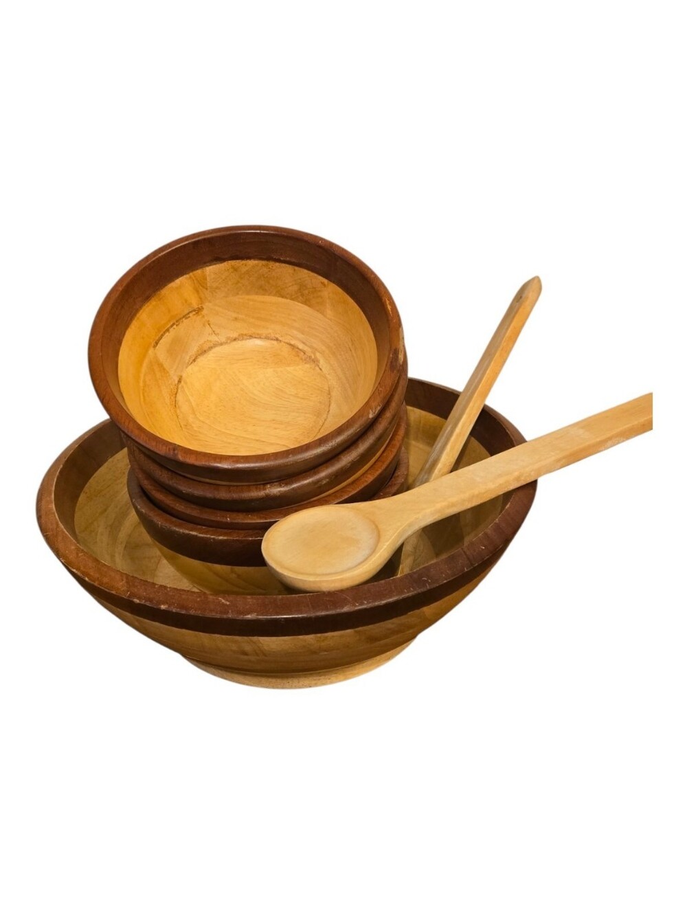 Vintage Multi-toned Wooden Salad Bowl Set - Natural Brown